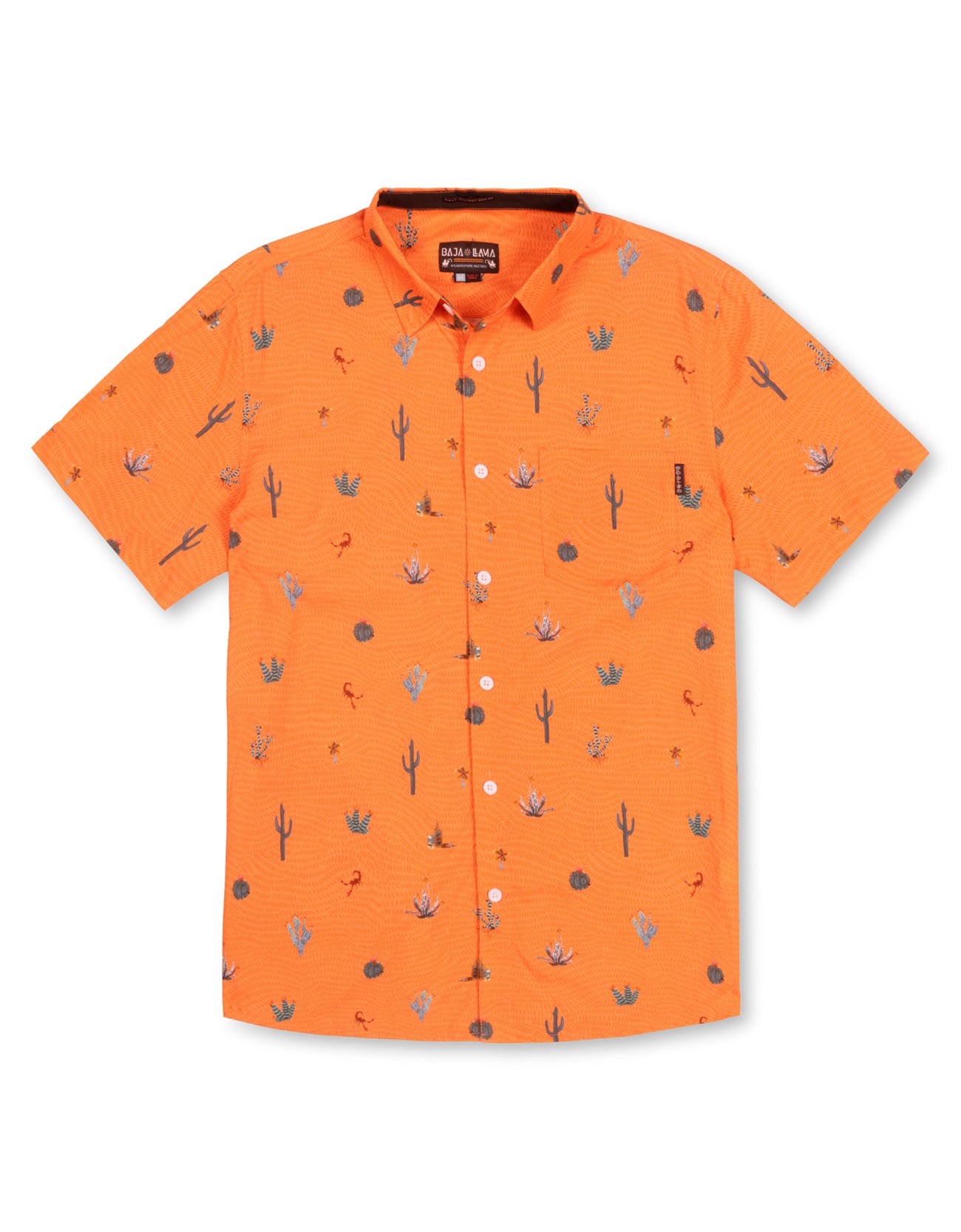 Button up shirt with hand painted watercolor cactus design on orange background.