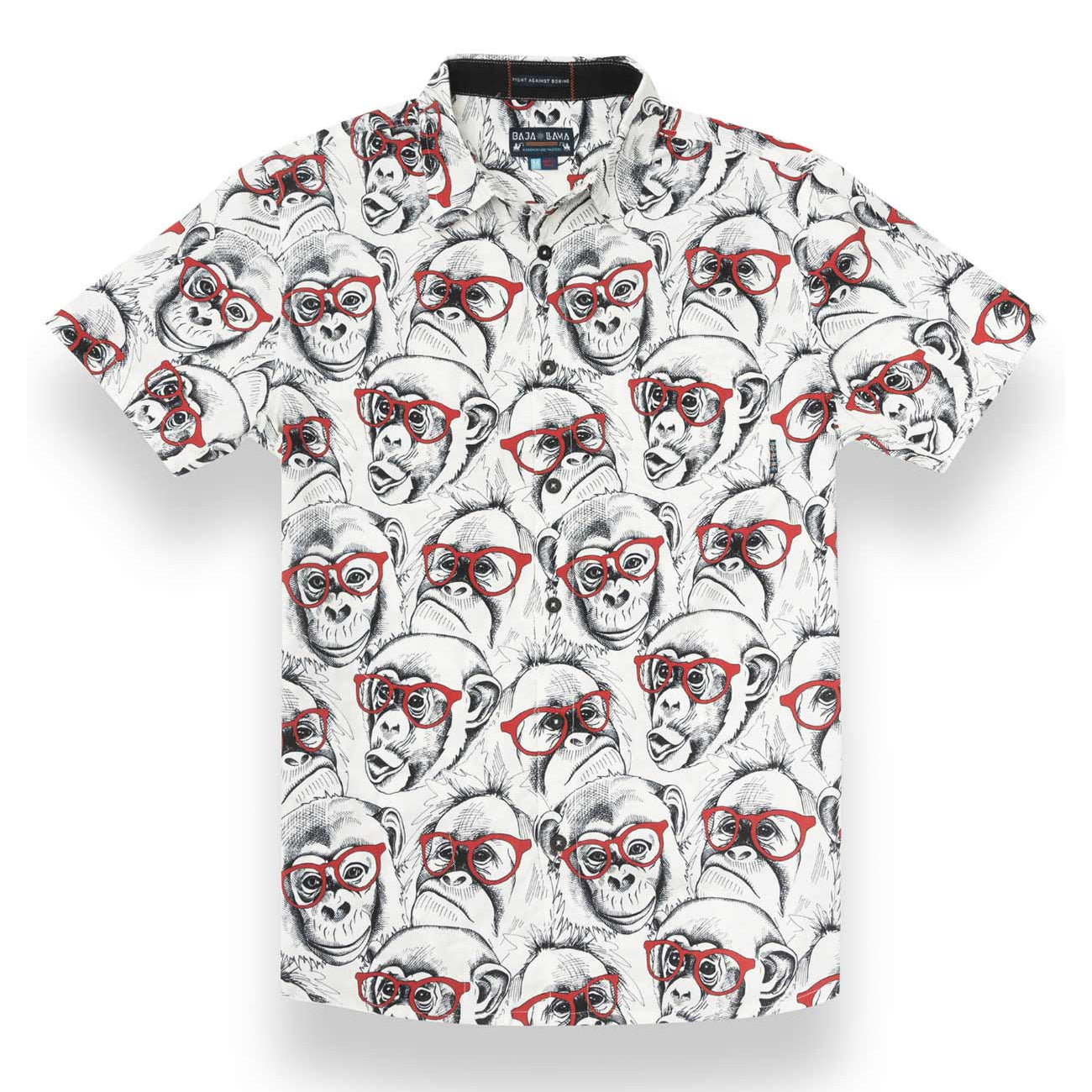 Black and white button up featuring monkey wearing red eyeglasses