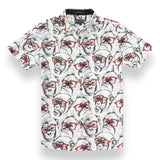 Black and white button up featuring monkey wearing red eyeglasses