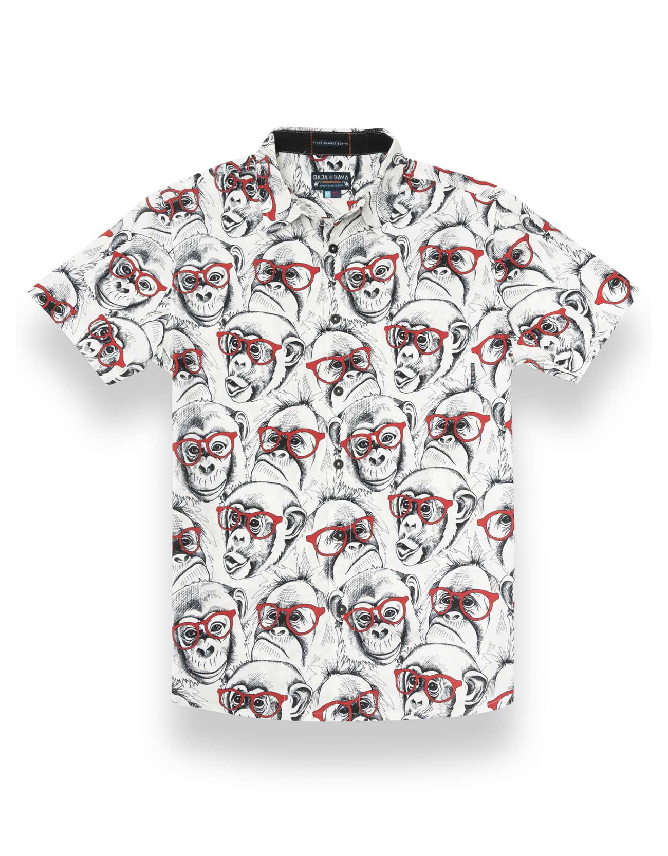 Black and white button up featuring monkey wearing red eyeglasses