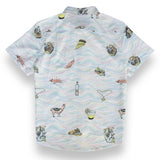 Button up shirt with hand-drawn illustrations of Peruvian ceviche, flutes, llamas, pisco