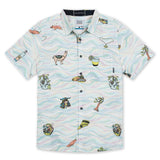 Button up shirt with hand-drawn illustrations of Peruvian ceviche, flutes, llamas, pisco