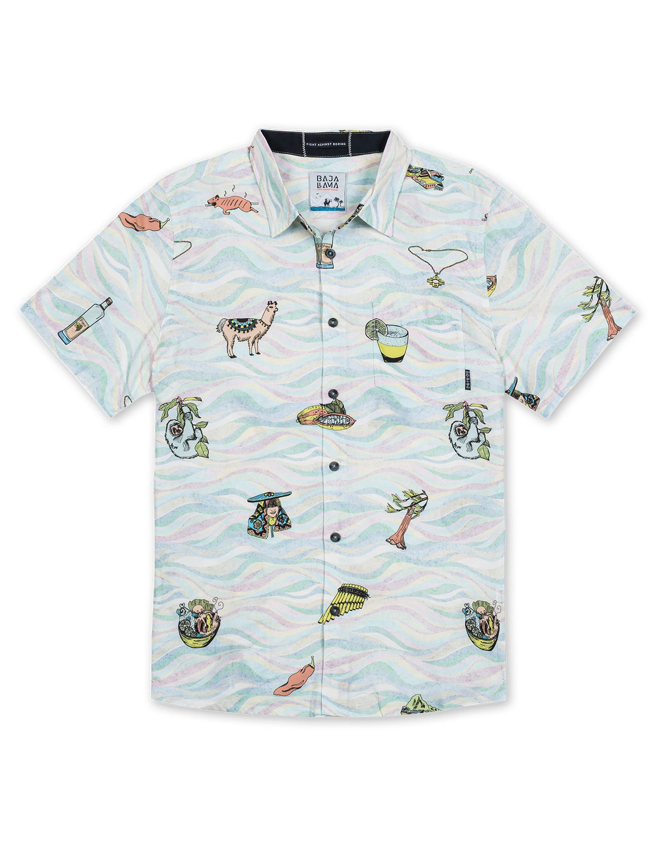 Button up shirt with hand-drawn illustrations of Peruvian ceviche, flutes, llamas, pisco