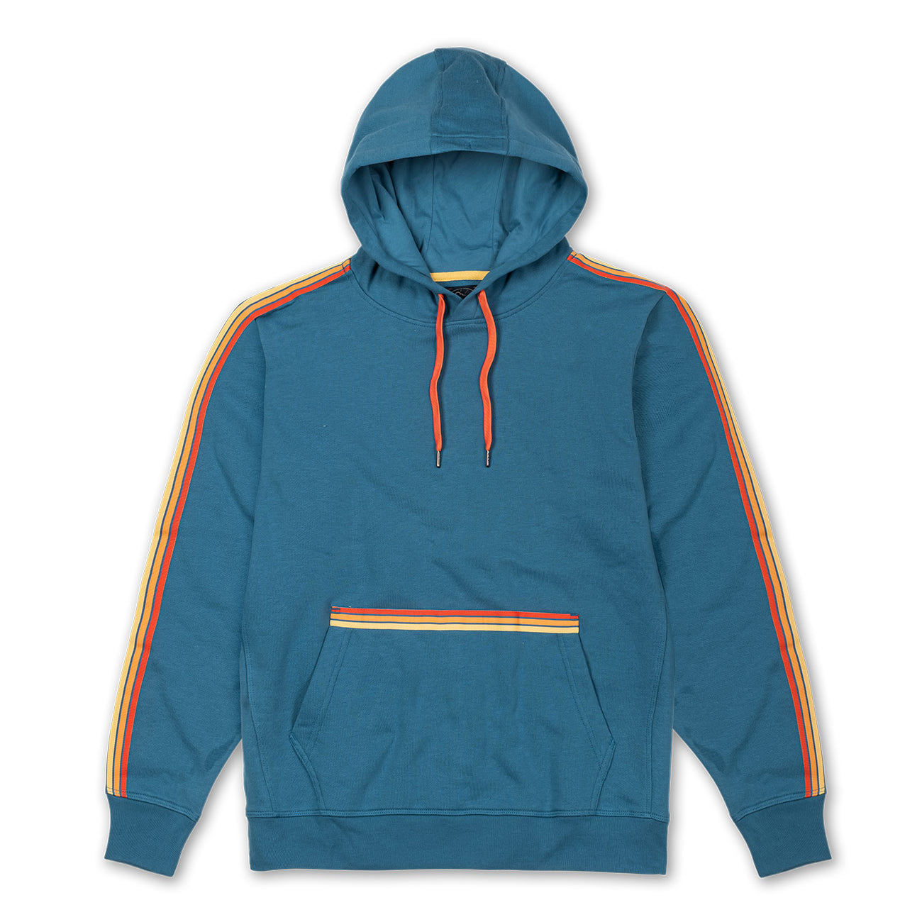 Baja Llama's organic cotton sustainable blue retro stripe hoodie with internal zip pocket