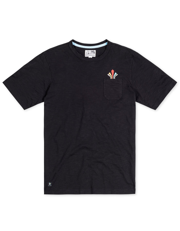 Baja Llama Retro League black slub pima cotton pocket t-shirt with retro chest embroidery.