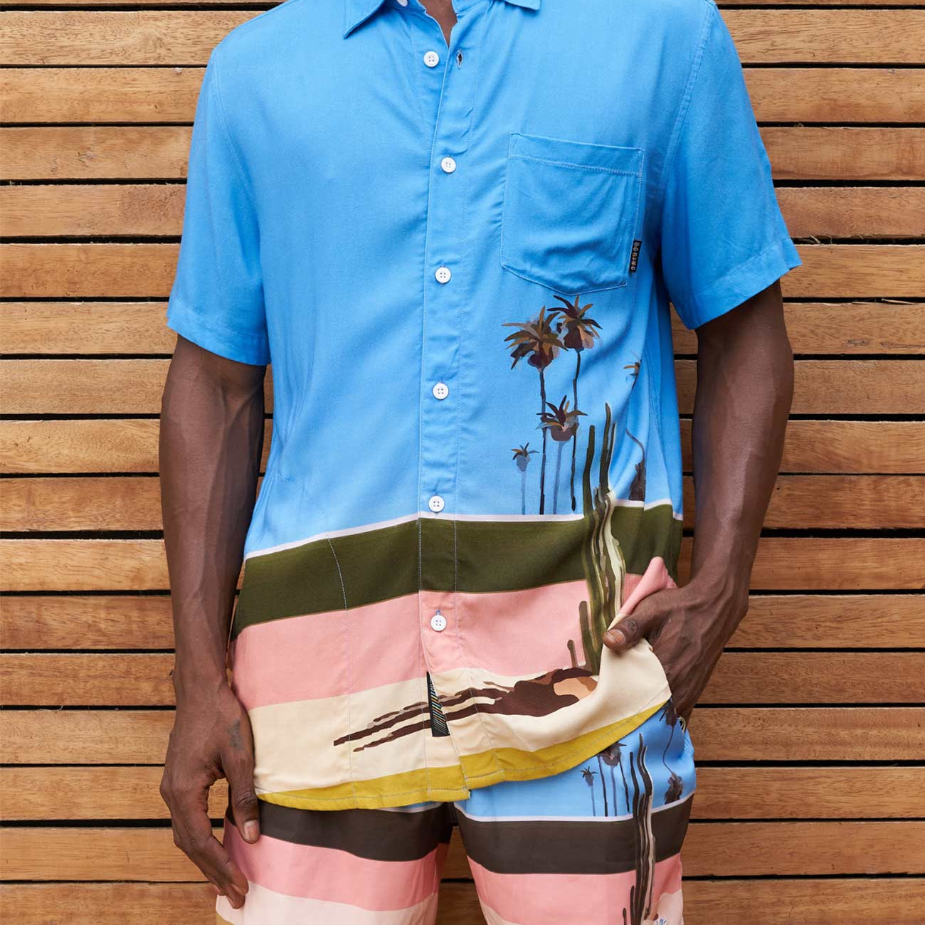 Blue retro style button up with cactus and palm tree digital print