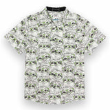 White button up shirt with hand drawn print of sloths wearing green glasses