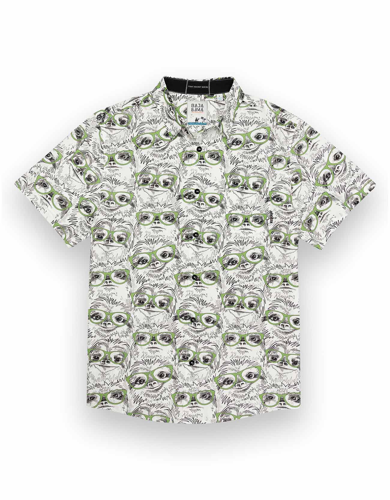 White button up shirt with hand drawn print of sloths wearing green glasses