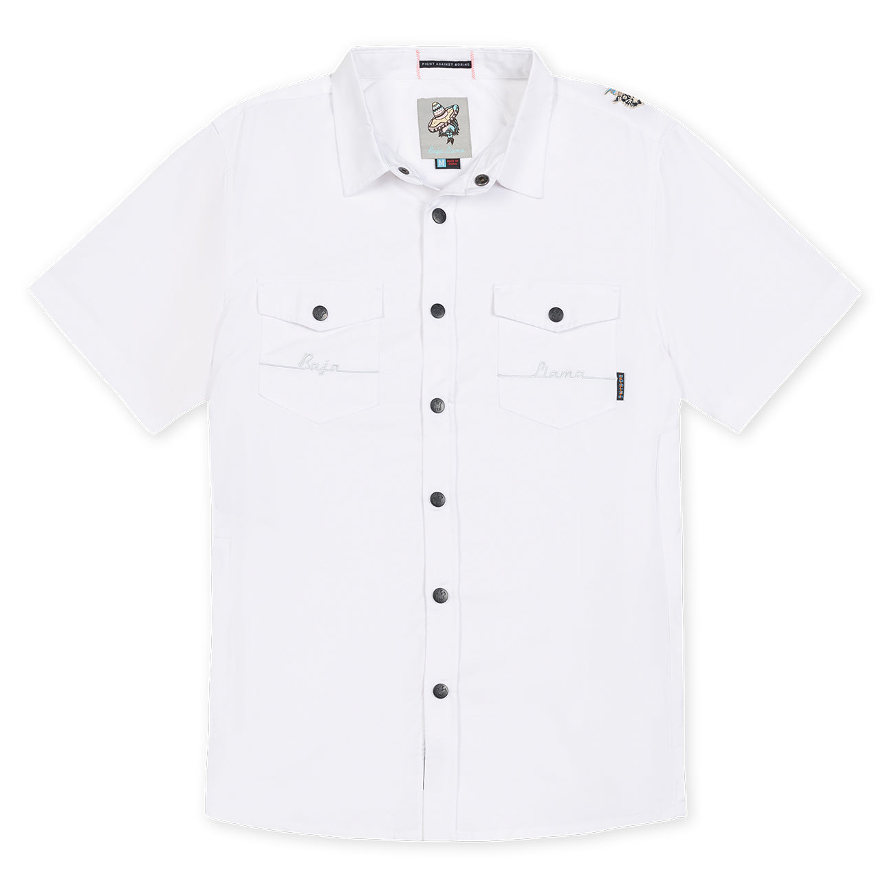 Baja Llama white sea animals embroidery snap front short sleeve button up shirt