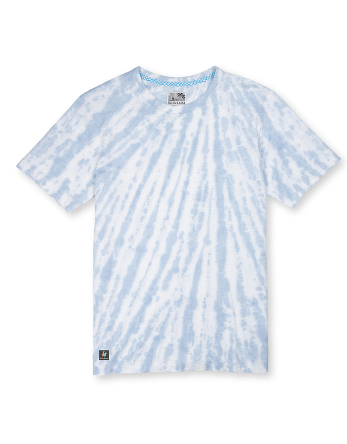 Front flat lay of light blue white sunburst Tie Dye Slub Pima tee with checkered neck tape