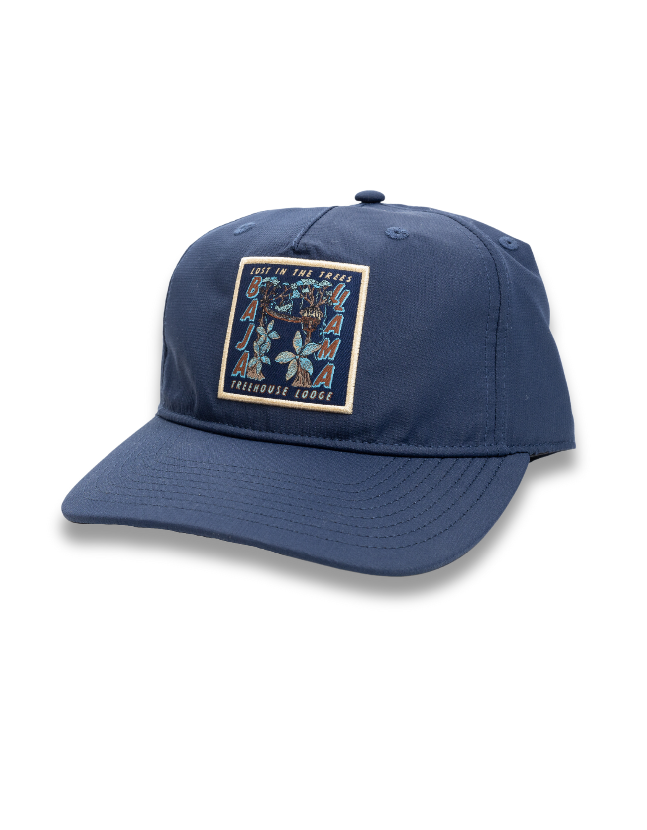 Navy treehouse lodge logo embroidered 5 panel performance hat