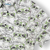 White button up shirt with hand drawn print of sloths wearing green glasses