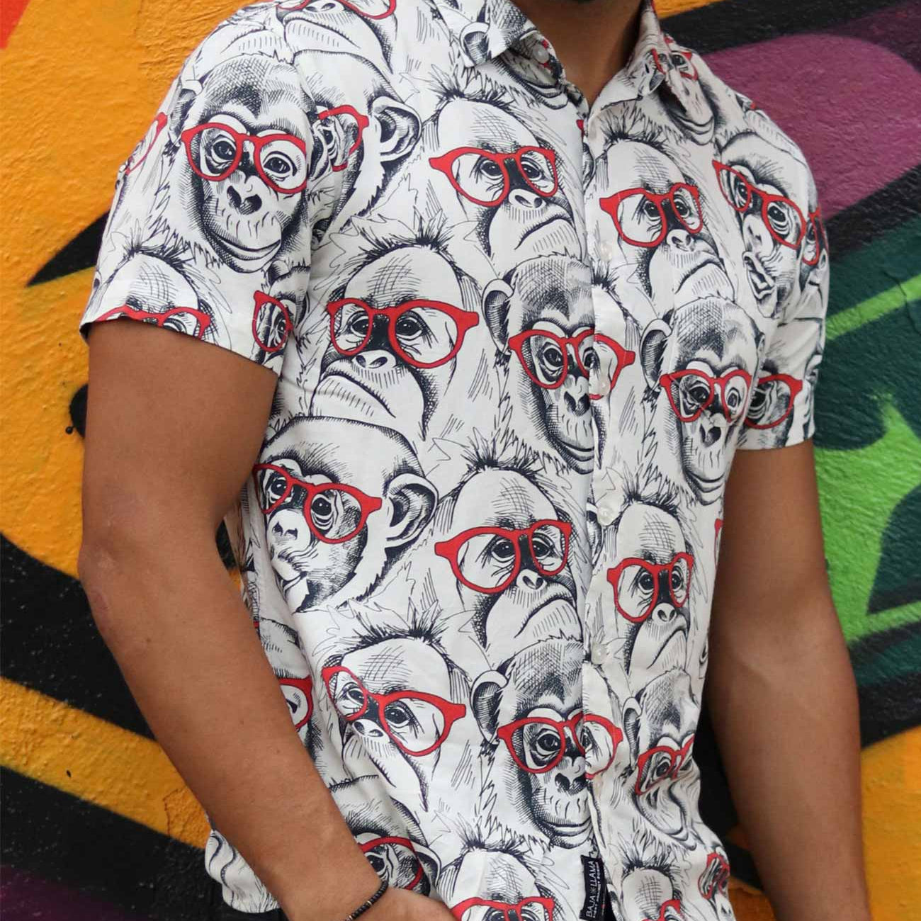 Black and white button up featuring monkey wearing red eyeglasses