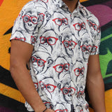 Black and white button up featuring monkey wearing red eyeglasses