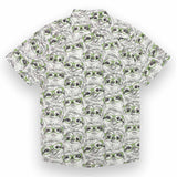 White button up shirt with hand drawn print of sloths wearing green glasses