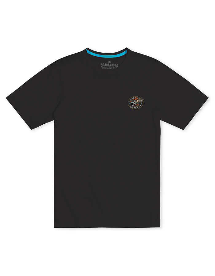 Front view of the Baja Llama Sailor Stories Octopus black Primo graphic tee, featuring a small branded chest logo and contrast neck trim.
