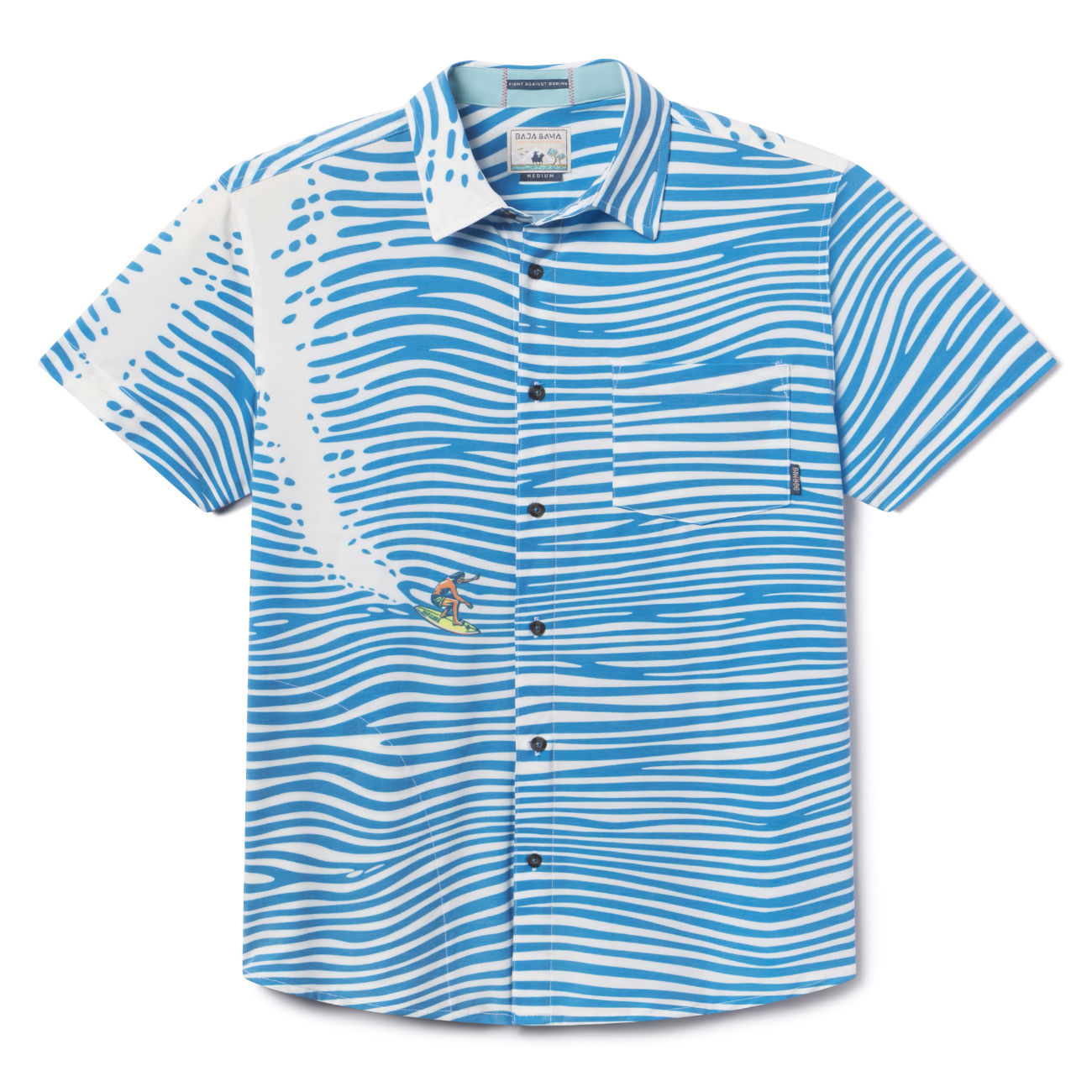 Flat lay of 100 Foot Wave Vagabond recycled travel button-up shirt with bold print