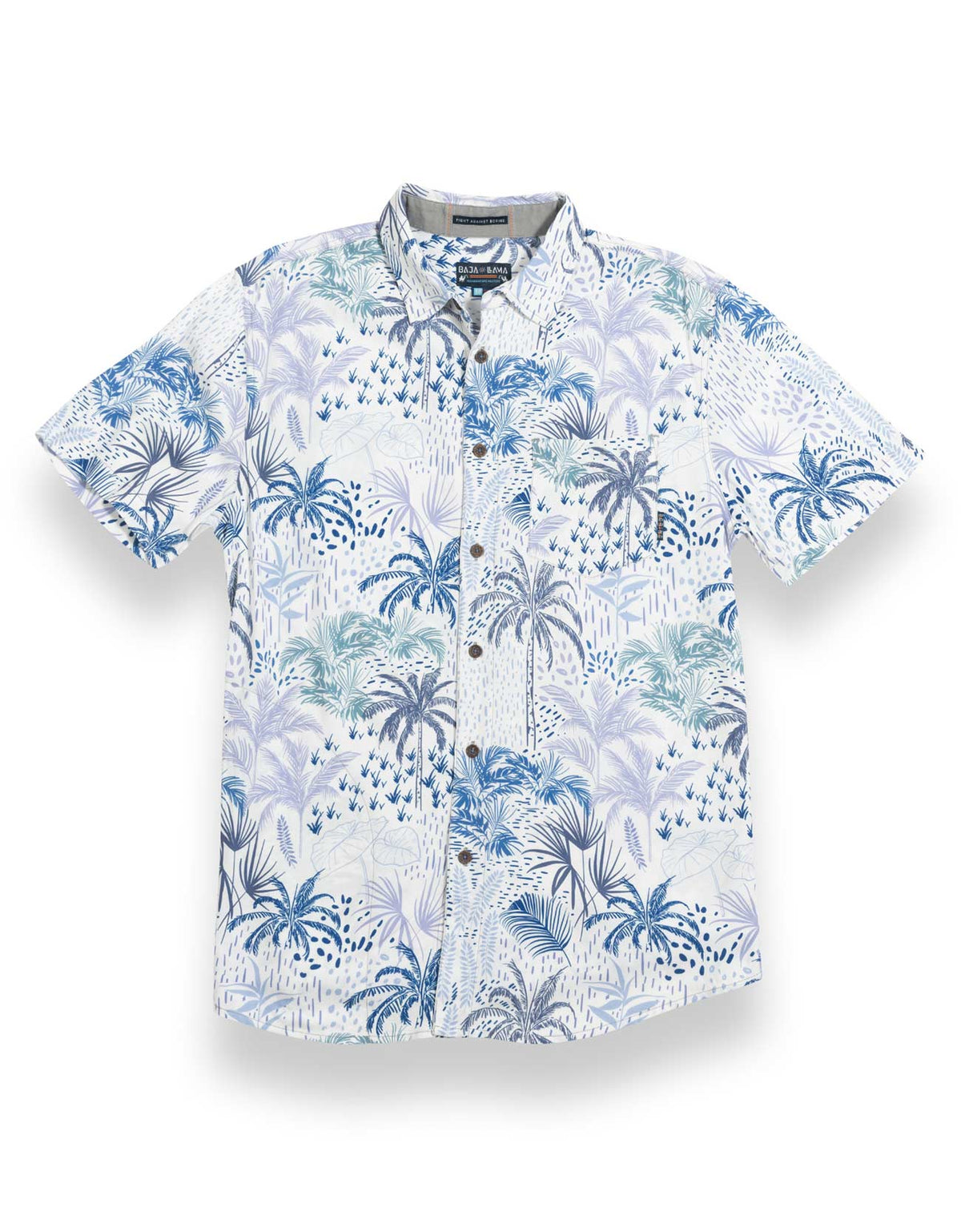White Hot Tropics button-up shirt with tropical palm print, men's beach vacation packing essential