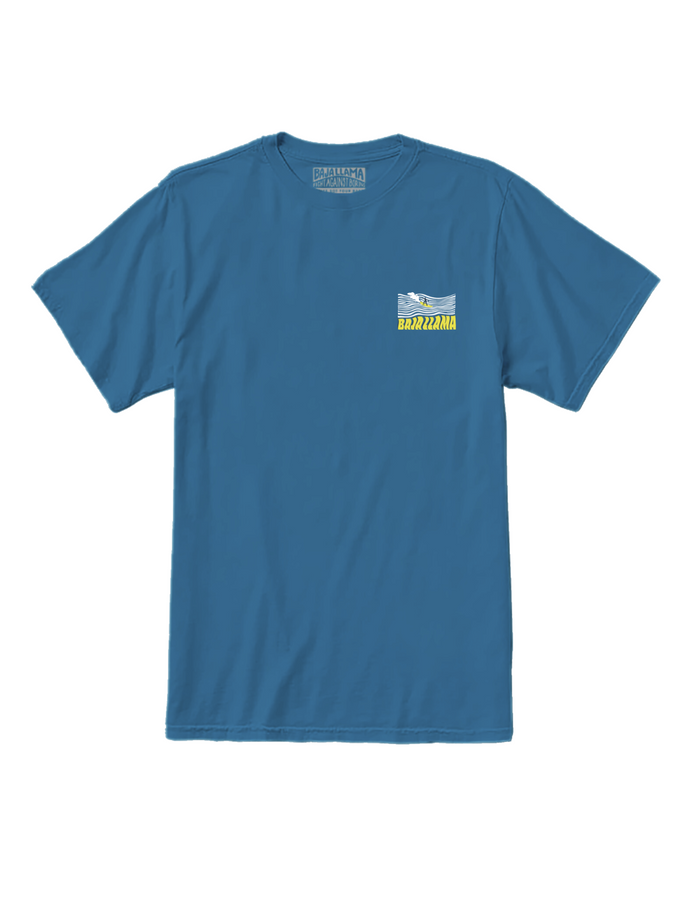 Blue Baja Llama 100 Foot Wave Primo Graphic Tee with small surfer and wave chest print.