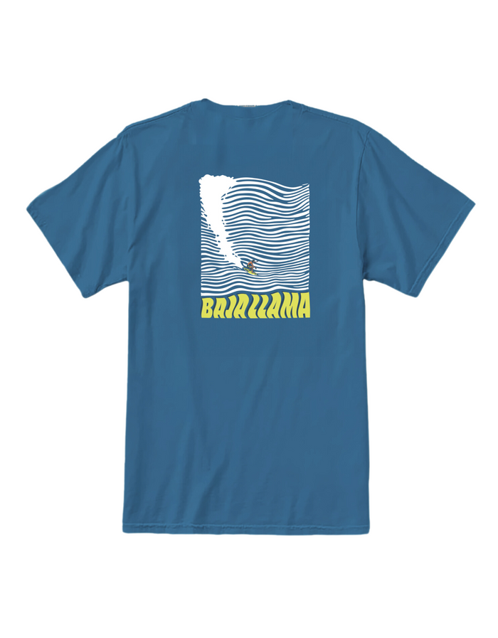 Back view of the blue Baja Llama 100 Foot Wave Primo Graphic Tee with a large wave and surfer back design