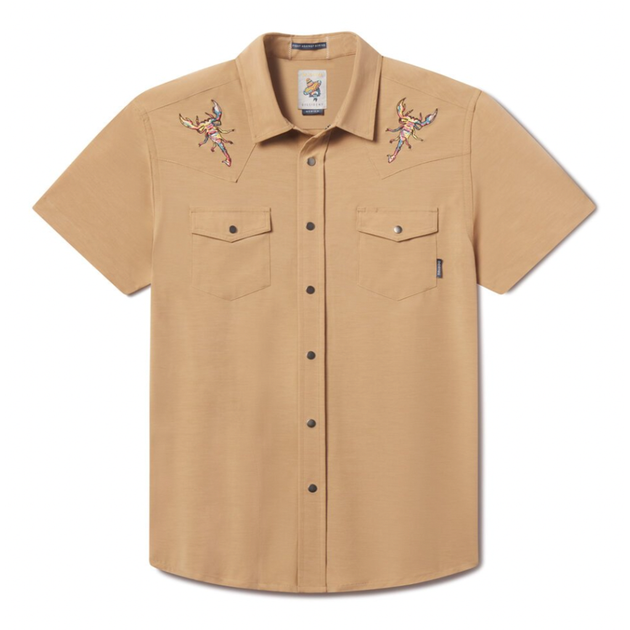 Baja Llama 2 Stingers Dissident Western Front short-sleeve snap button-up shirt in tan, featuring colorful scorpion embroidery on the front shoulder yokes.