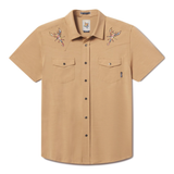 Baja Llama 2 Stingers Dissident Western Front short-sleeve snap button-up shirt in tan, featuring colorful scorpion embroidery on the front shoulder yokes.