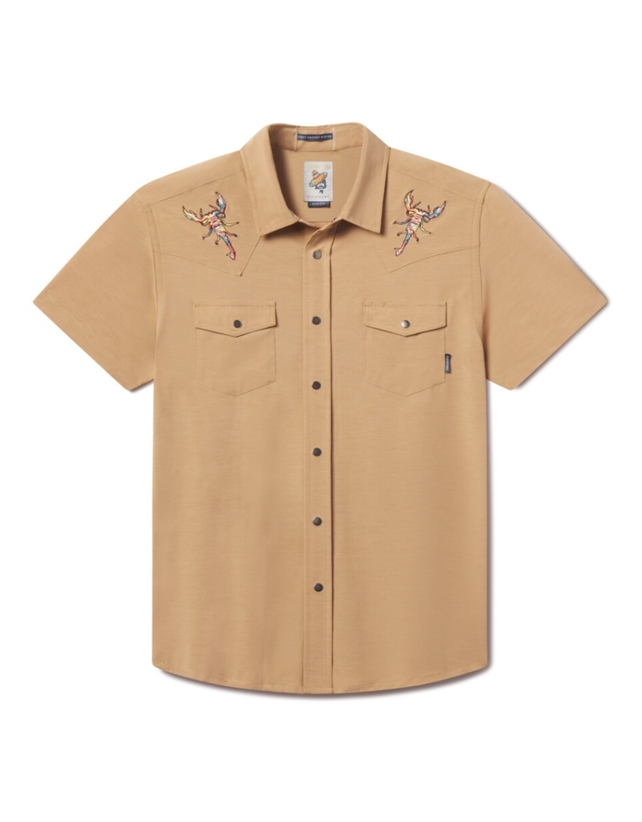 Baja Llama 2 Stingers Dissident Western Front short-sleeve snap button-up shirt in tan, featuring colorful scorpion embroidery on the front shoulder yokes.