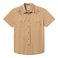 Baja Llama 2 Stingers Dissident Western Front short-sleeve snap button-up shirt in tan, featuring colorful scorpion embroidery on the front shoulder yokes.