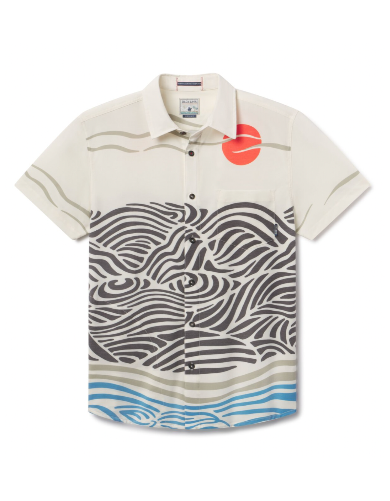 Flat lay of Red Sun Over Black Hills Vagabond recycled travel button-up shirt with bold print