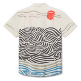 Back view of Red Sun Over Black Hills Vagabond travel shirt with shirttail hem
