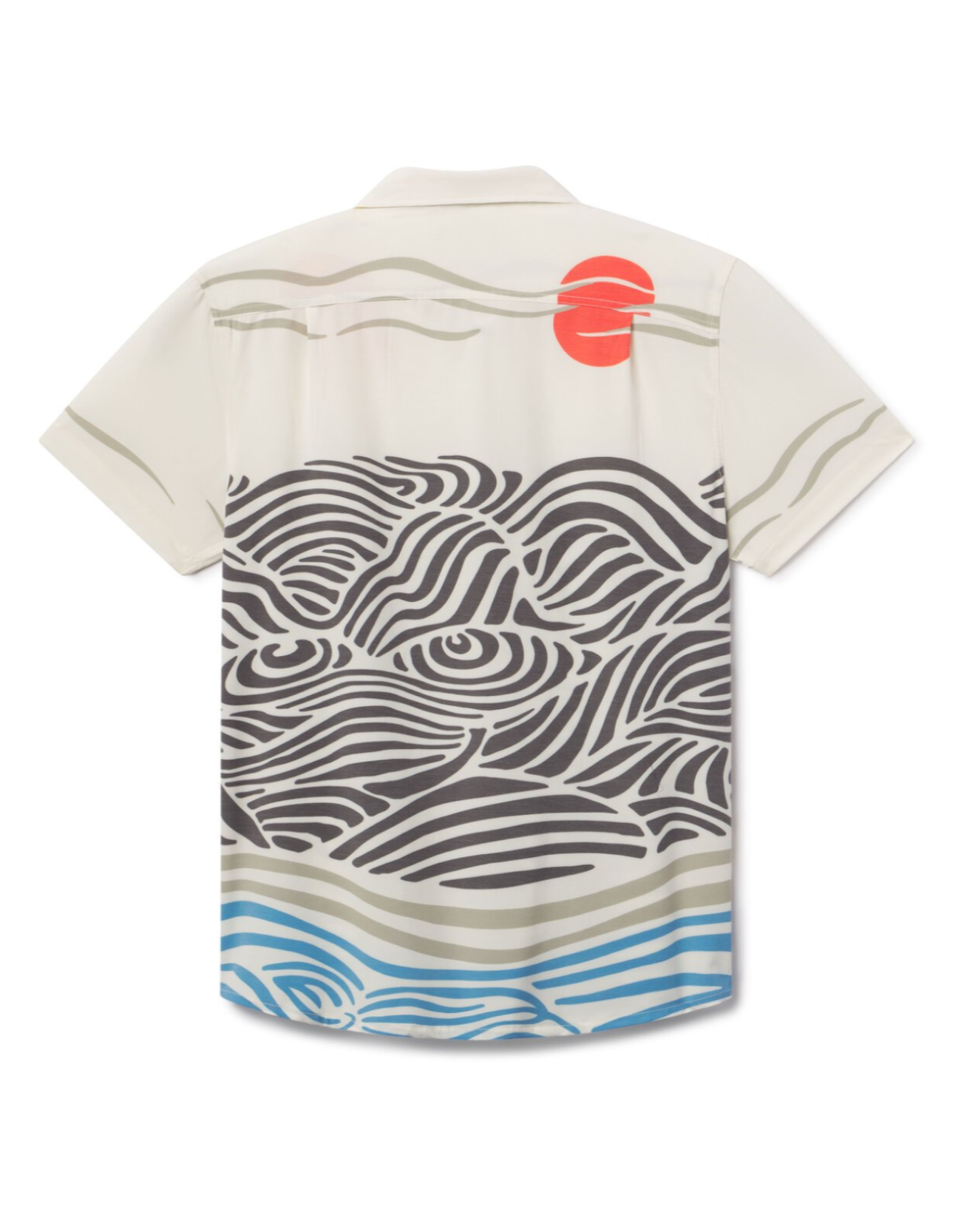 Back view of Red Sun Over Black Hills Vagabond travel shirt with shirttail hem