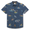 Flat lay of Sailor Stories Navy Vagabond recycled travel button-up shirt with bold print