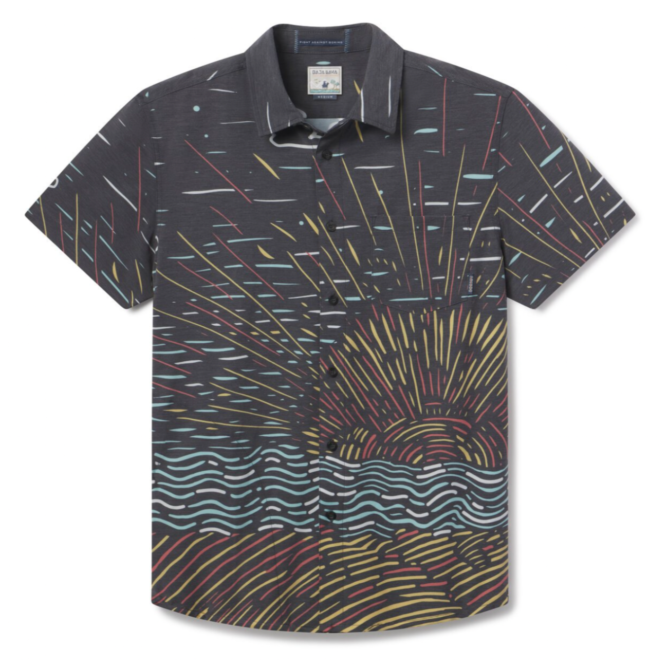 Flat lay of Sunburst Black Vagabond recycled travel button-up shirt with bold print”