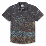 Flat lay of Sunburst Black Vagabond recycled travel button-up shirt with bold print”