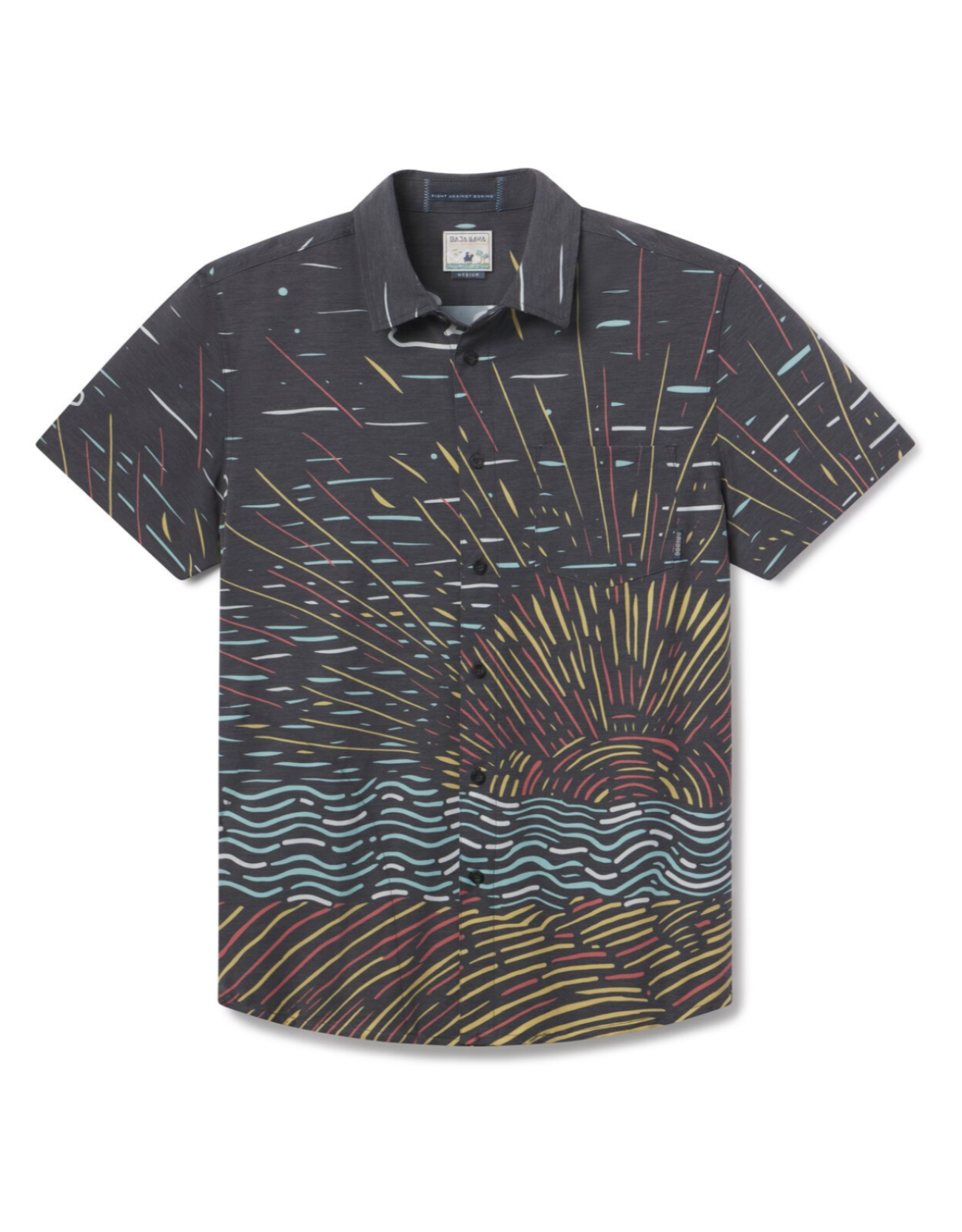 Flat lay of Sunburst Black Vagabond recycled travel button-up shirt with bold print”
