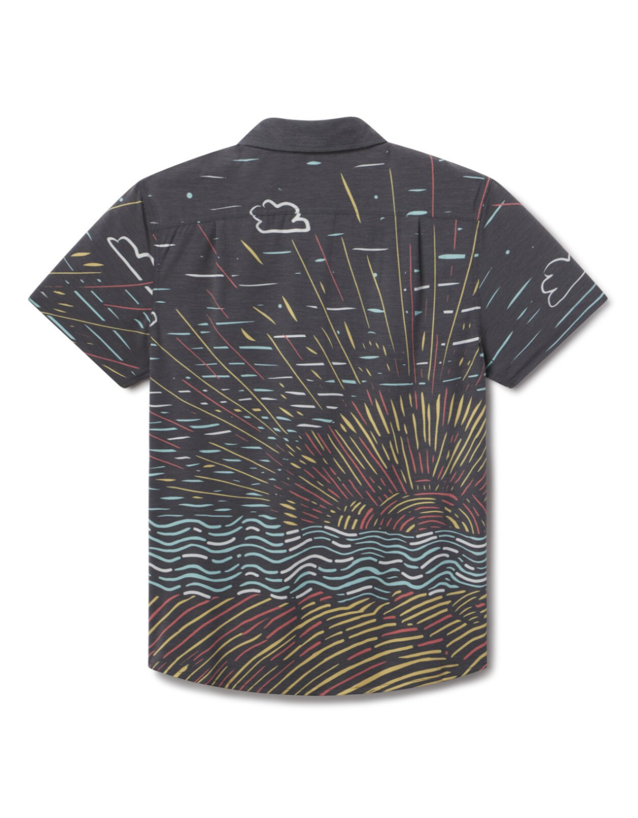 Back view of Sunburst Black Vagabond travel shirt with shirttail hem