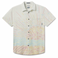 Flat lay of Sunburst Cream Vagabond recycled travel button-up shirt with bold print