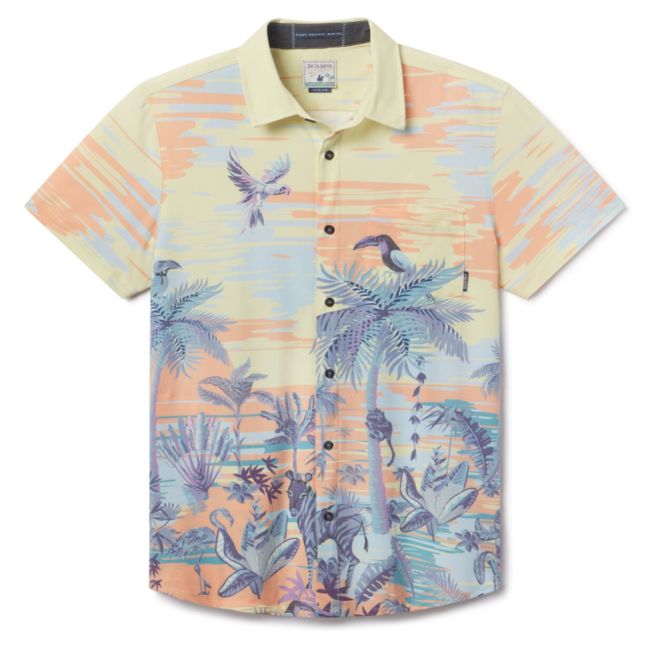 Flat lay of Time Before Land Vagabond recycled travel button-up shirt with bold print