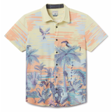 Flat lay of Time Before Land Vagabond recycled travel button-up shirt with bold print