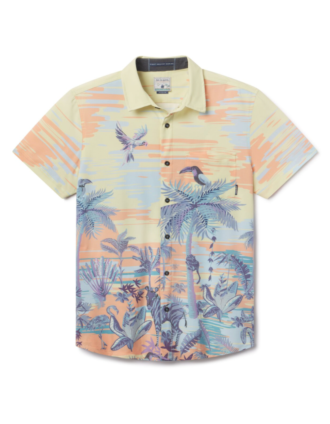 Flat lay of Time Before Land Vagabond recycled travel button-up shirt with bold print