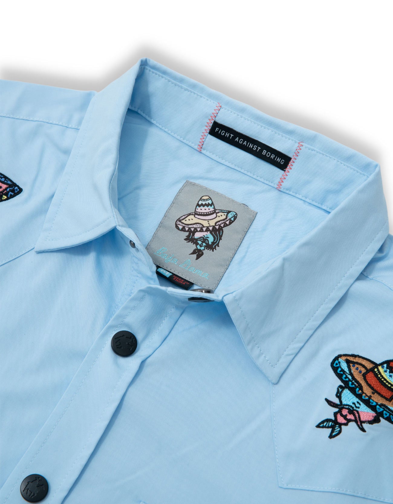 Baja Llama baby blue mexican embroidery snap front short sleeve button up shirt