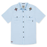 Baja Llama baby blue mexican embroidery snap front short sleeve button up shirt