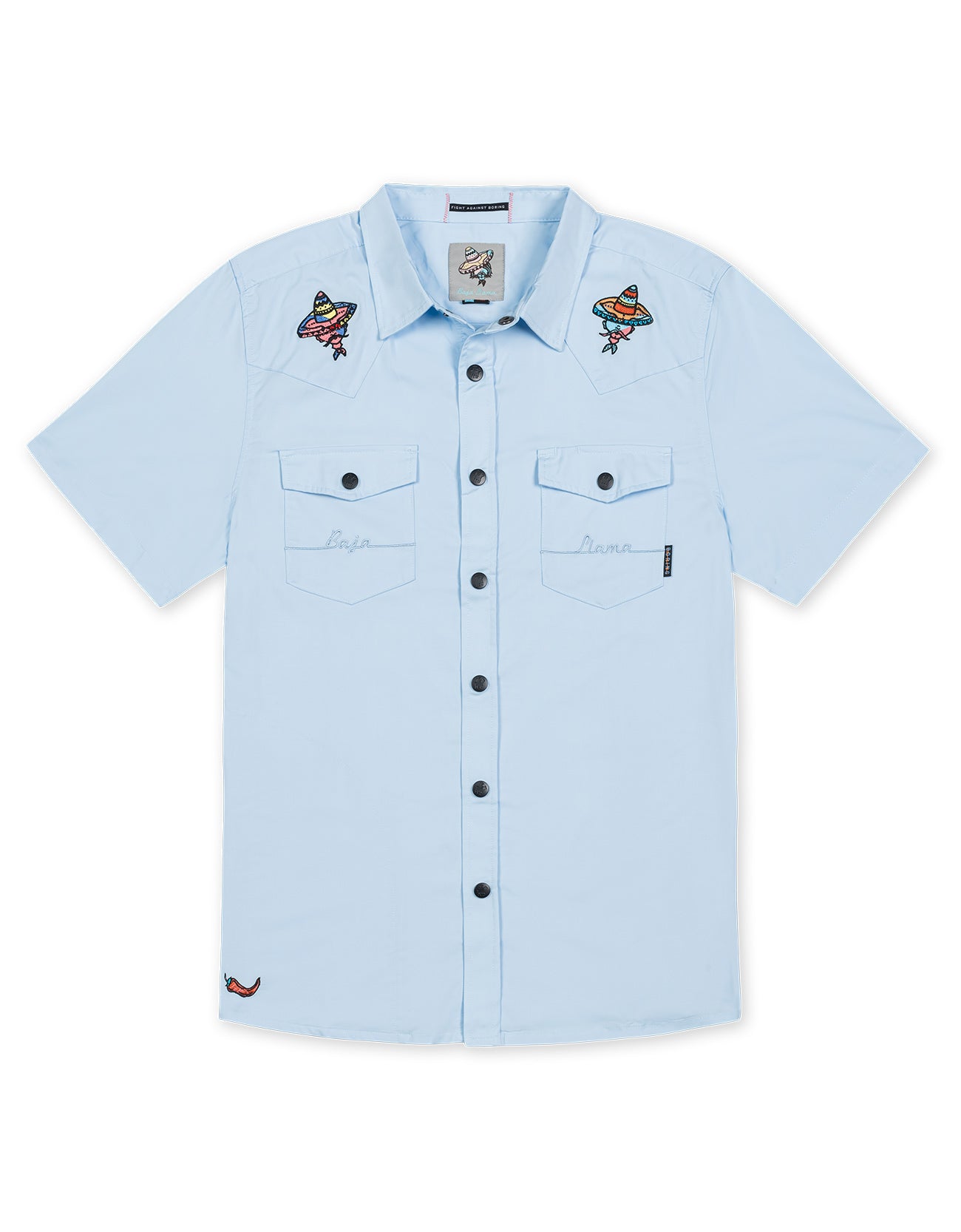 Baja Llama baby blue mexican embroidery snap front short sleeve button up shirt