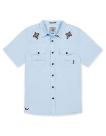 Baja Llama baby blue mexican embroidery snap front short sleeve button up shirt