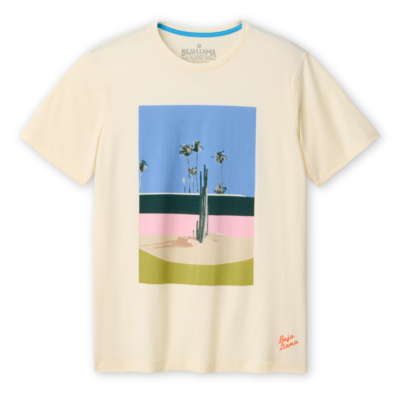 Full view of the Baja Llama 5PM Primo graphic tee featuring a desert cactus and palm tree landscape print on a cream-colored shirt.