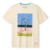 Full view of the Baja Llama 5PM Primo graphic tee featuring a desert cactus and palm tree landscape print on a cream-colored shirt.