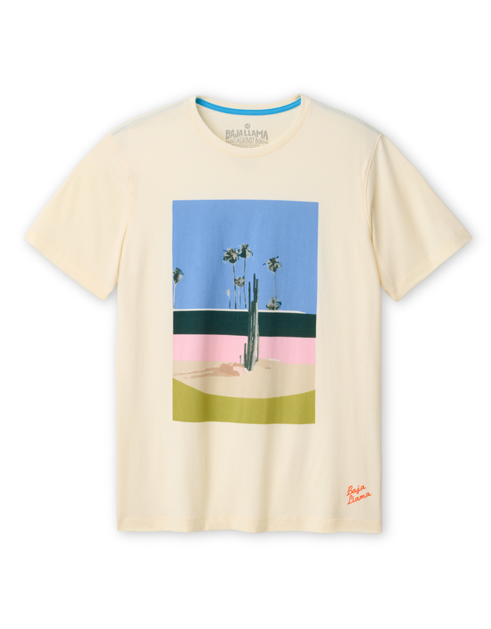 Full view of the Baja Llama 5PM Primo graphic tee featuring a desert cactus and palm tree landscape print on a cream-colored shirt.