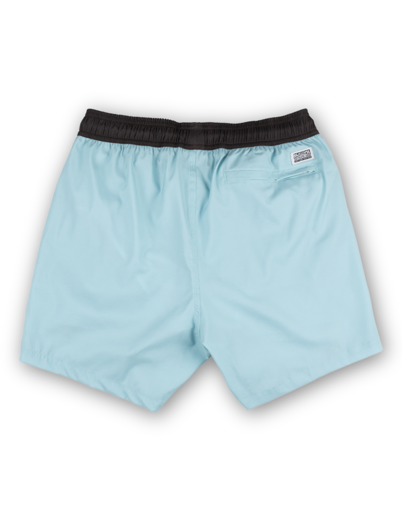 Men’s light blue swim shorts with retro-style orange and white side stripes, black elastic waistband, and adjustable drawstring. Features embroidered Baja Llama scorpion design and quick-dry fabric for all-day comfort.