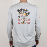 Baja Llama light desert-themed long sleeve tee with snake and Joshua tree back graphic. Soft cotton with printed sleeve details.