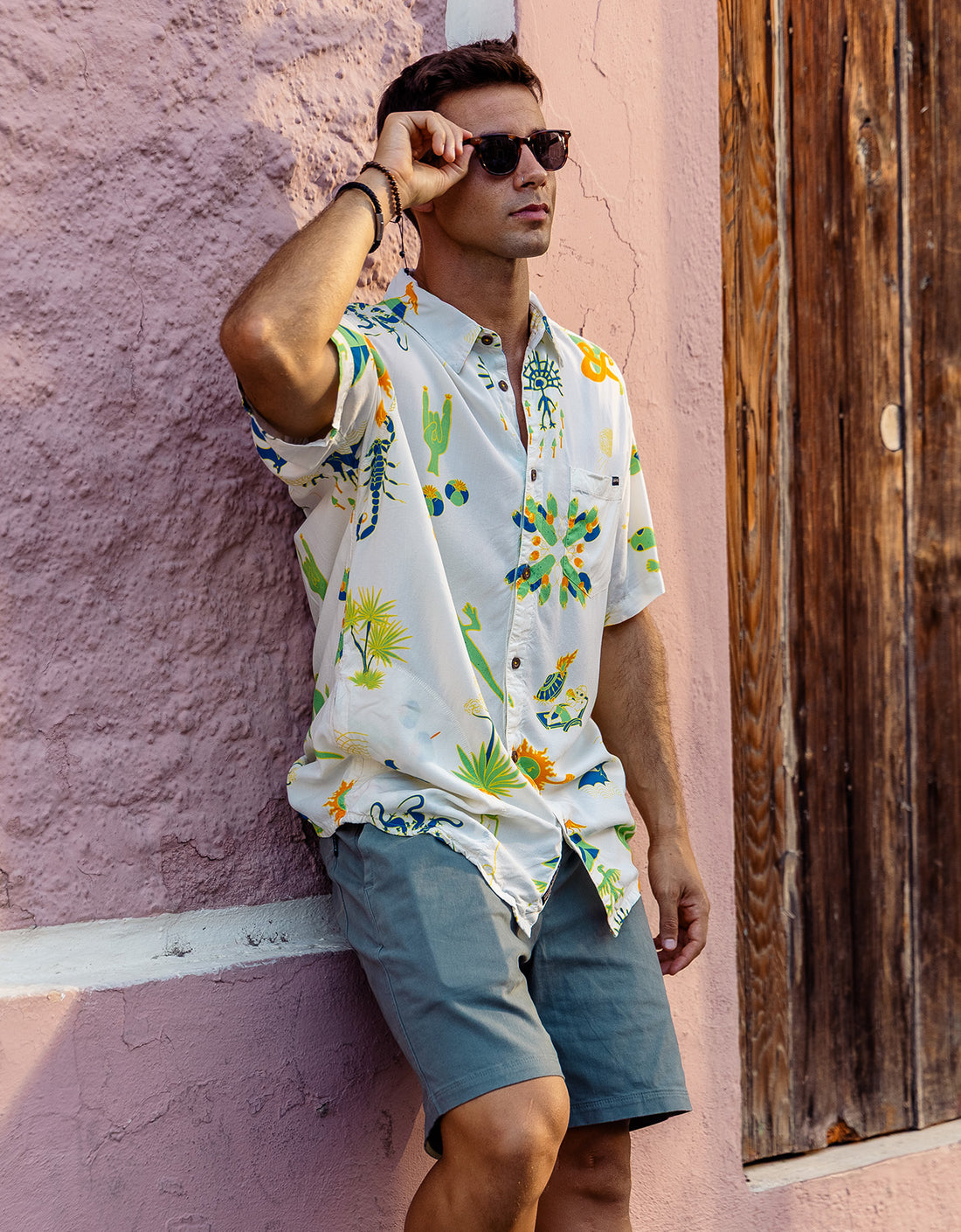Man wearing Baja Llama Desert Martians Nighthawk relaxed fit button-up shirt outdoors